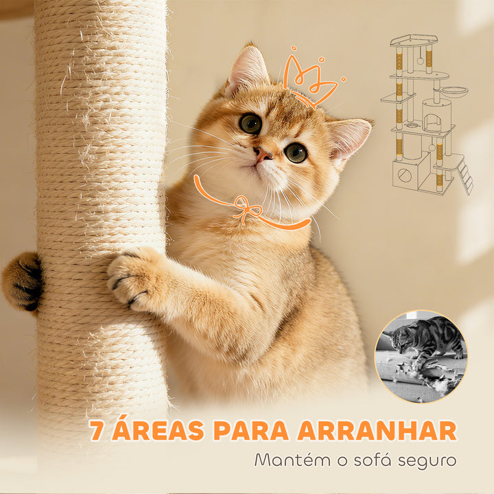 Arranhador para Gatos Grande Altura 170 cm Torre de Escalada com 7 Postes 1 Túnel 3 Plataformas 2 Cavernas 1 Rede 1 Poleiro 1 Rampa Pompons Cinzento Claro