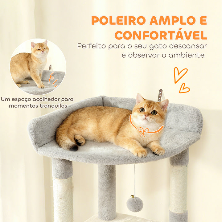 Arranhador para Gatos Grande Altura 170 cm Torre de Escalada com 7 Postes 1 Túnel 3 Plataformas 2 Cavernas 1 Rede 1 Poleiro 1 Rampa Pompons Cinzento Claro