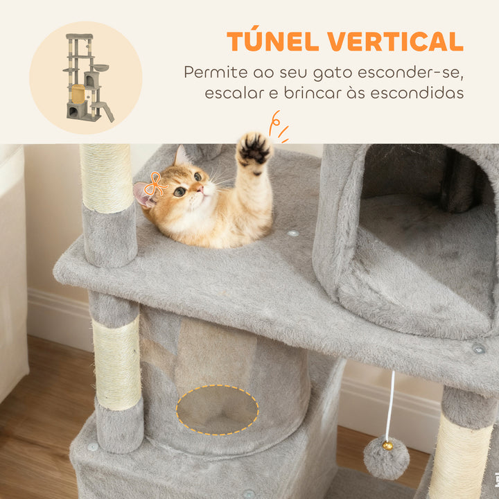 Arranhador para Gatos Grande Altura 170 cm Torre de Escalada com 7 Postes 1 Túnel 3 Plataformas 2 Cavernas 1 Rede 1 Poleiro 1 Rampa Pompons Cinzento Claro