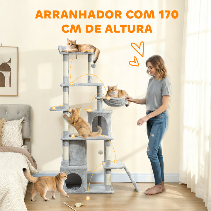 Arranhador para Gatos Grande Altura 170 cm Torre de Escalada com 7 Postes 1 Túnel 3 Plataformas 2 Cavernas 1 Rede 1 Poleiro 1 Rampa Pompons Cinzento Claro