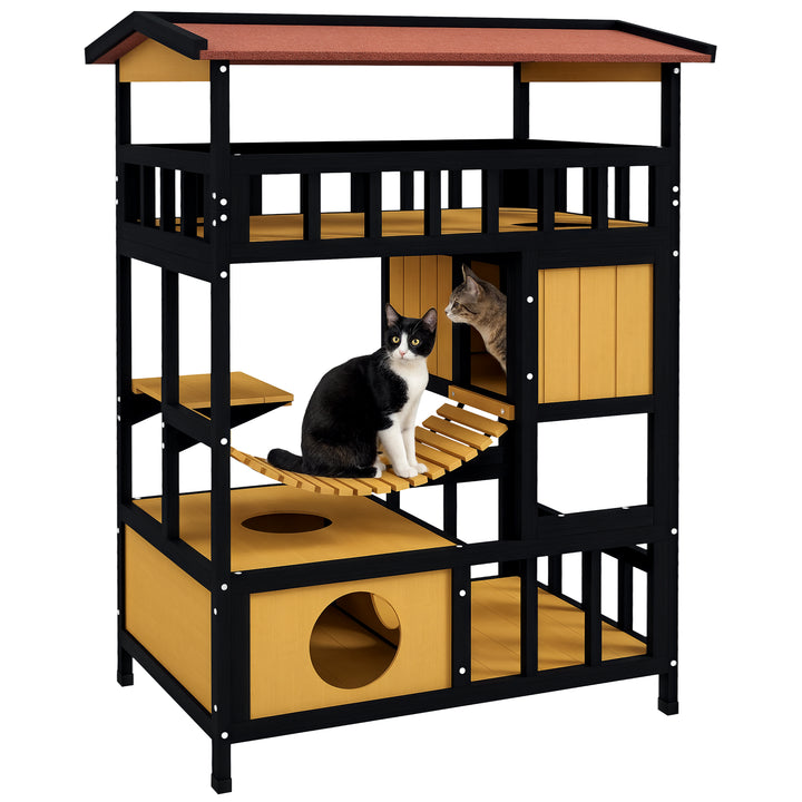 Casa para Gatos de Madeira 84x60x116 cm Abrigo para Gatos de 4 Níveis para Exterior com Ponte Suspensa Varanda e Telhado Asfáltico Natural