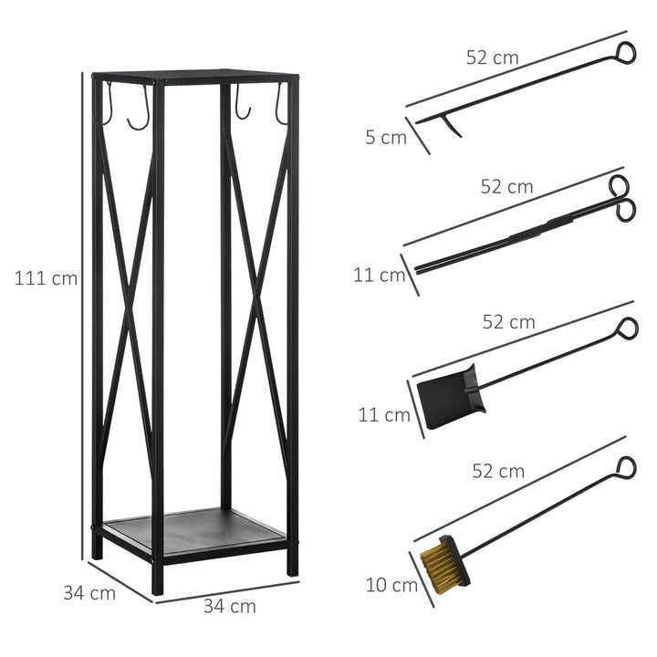 Suporte para Lenha Estante para Lenha Lenheiro de Exterior com Ganchos Pá Escova Atiçador e Tenaz Carga 60 kg 34x34x111 cm Preto