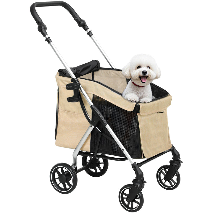 Carrinho para Cães Dobrável Carrinho de Passeio para Cães Pequenos com Rodas Universais Correia de Segurança Almofada Lavável e Janelas 80x48,5x106 cm Cáqui