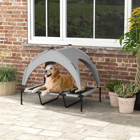 Cama Elevada para Cães com Toldo Cama para Cães Grandes Refrescante e Respirável 106x76x94 cm com Estrutura de Aço e Bolsa de Transporte para Interior e Exterior Cinzento Claro