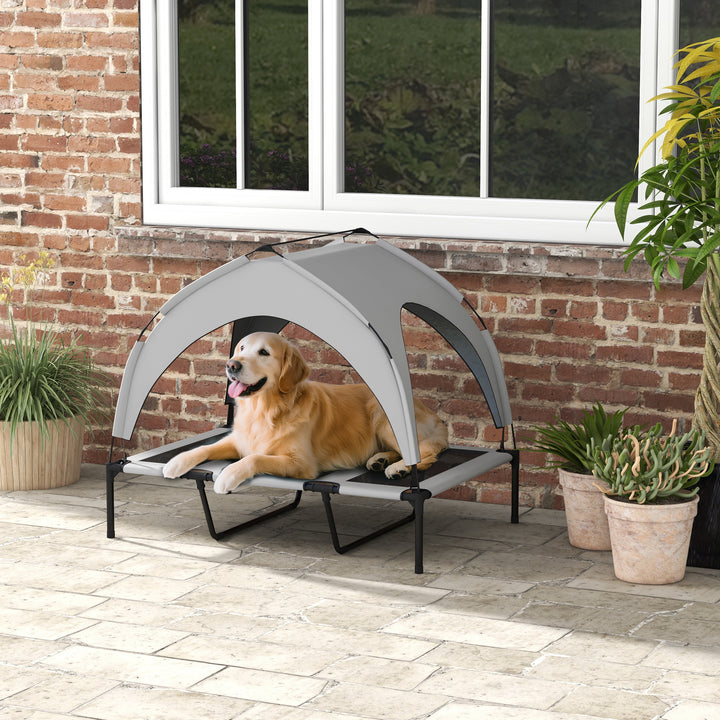 Cama Elevada para Cães com Toldo Cama para Cães Grandes Refrescante e Respirável 106x76x94 cm com Estrutura de Aço e Bolsa de Transporte para Interior e Exterior Cinzento Claro