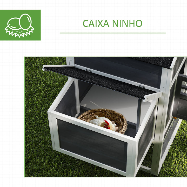 Galinheiro de Madeira 297,5x68x118cm Galinheiro Grande para 3-6 Galinhas com Teto Asfáltico Cercado de Metal Porta com Trava Caixa Ninho Bandeja Amovível e Rampa Branco e Cinza