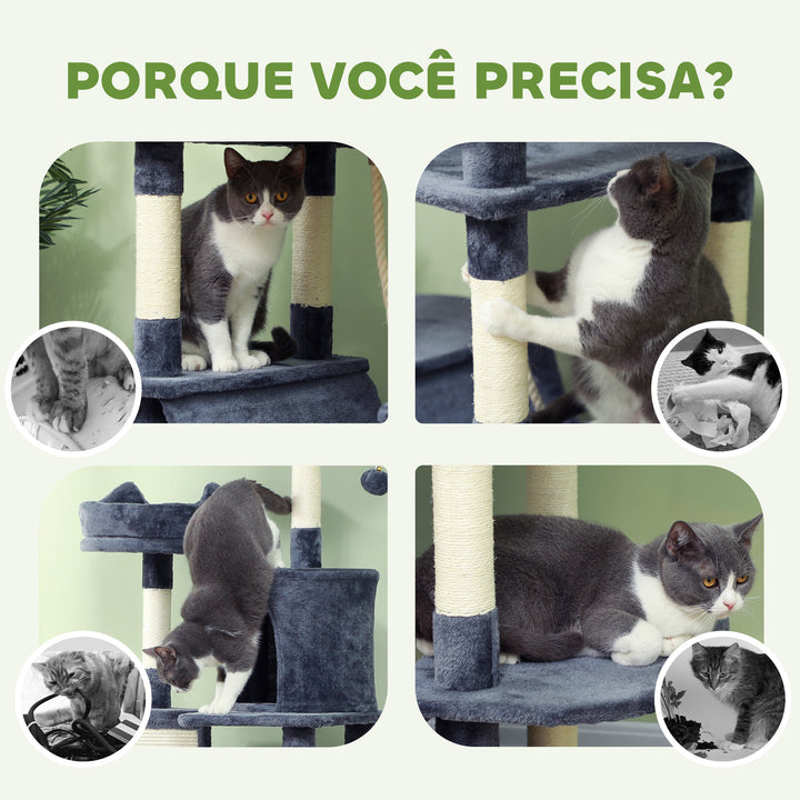 Arranhador para Gatos Grande Arranhador para Gatos Torre para Gatos com Plataformas Caverna Bolas Suspensa e Rede 60x50x206 cm Cinza Escuro