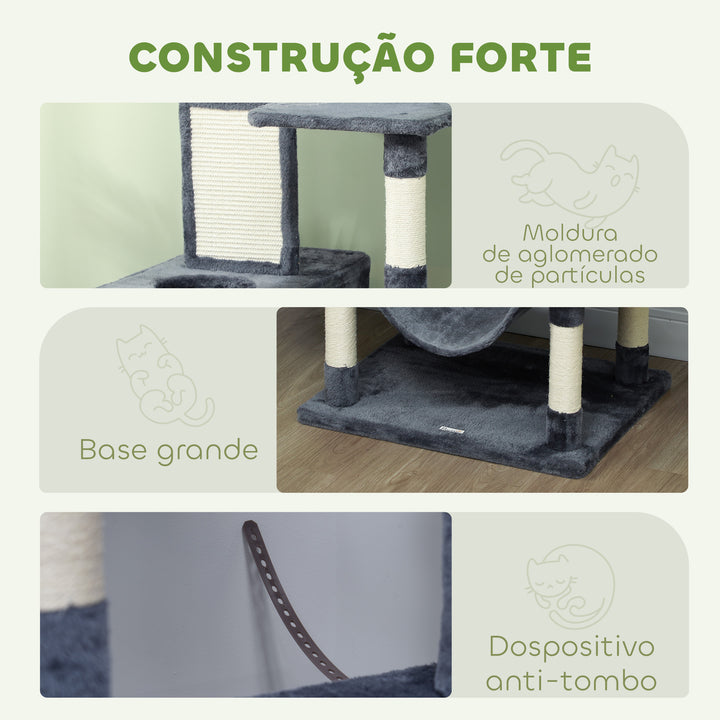 Arranhador para Gatos Grande Arranhador para Gatos Torre para Gatos com Plataformas Caverna Bolas Suspensa e Rede 60x50x206 cm Cinza Escuro