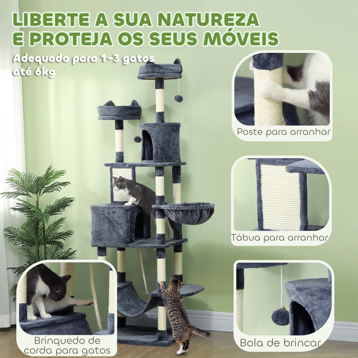 Arranhador para Gatos Grande Arranhador para Gatos Torre para Gatos com Plataformas Caverna Bolas Suspensa e Rede 60x50x206 cm Cinza Escuro