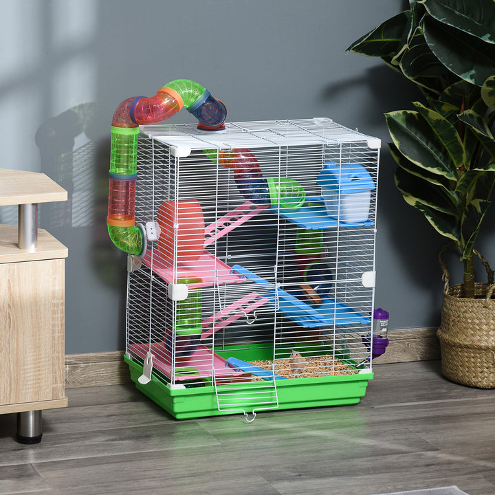 Gaiola para Hamster com 5 Plantas Escada Alimentador Bebedor Roda e Túnel 46x30x58cm Verde e Branco