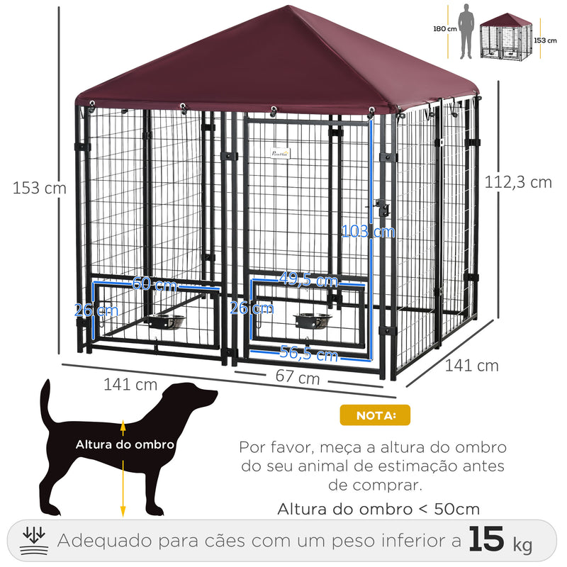 Parque para Cães com 8 Painéis Recinto para Cães Metálico de Exterior com 2 Suportes Giratórios para Comida 2 Tigelas e Toldo Impermeável e Anti-UV 141x141x153 cm Preto e Vermelho