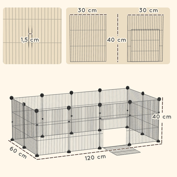 Gaiola Metálica Modular 12 Painéis para Pequenos Animais Forma Personalizável com Tapete Impermeável Parque para Porquinhos-da-Índia e Ouriços 120x60x40 cm Preto
