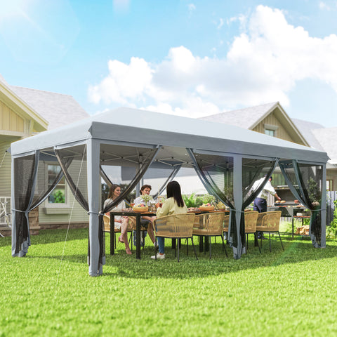 Tenda Dobrável 585x295x270 cm Tenda de Jardim com 6 Mosquiteiros Bolsa de Transporte e Estrutura de Aço para Campismo Festas Cinza