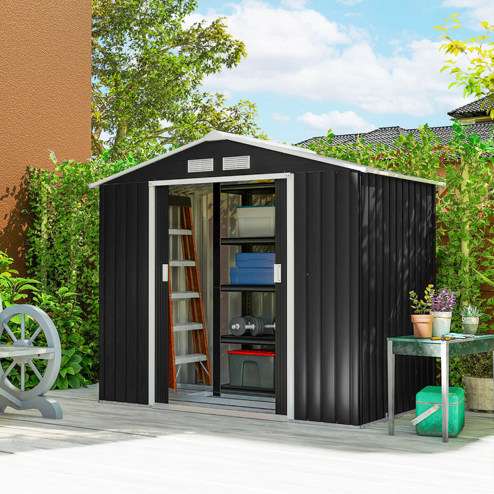 Abrigo de Jardim 213x130x185cm Abrigo de Jardim Metálico de Exterior para Armazenamento de Ferramentas com 2 Portas Deslizantes e 4 Janelas para Terraço Cinza Escuro