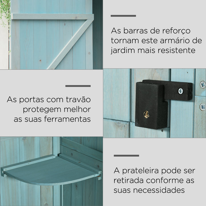 Armário de Jardim de Madeira 77x54,2x179 cm 0,3 m² Armário de Armazenamento de Ferramentas com 3 Prateleiras e 2 Portas com Fechadura para Pátio Varanda Azul Claro