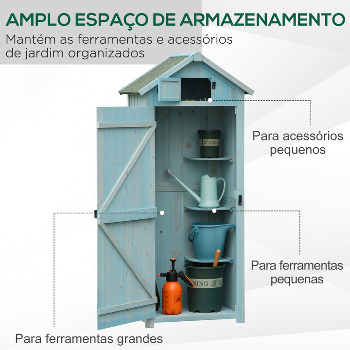 Armário de Jardim de Madeira 77x54,2x179 cm 0,3 m² Armário de Armazenamento de Ferramentas com 3 Prateleiras e 2 Portas com Fechadura para Pátio Varanda Azul Claro