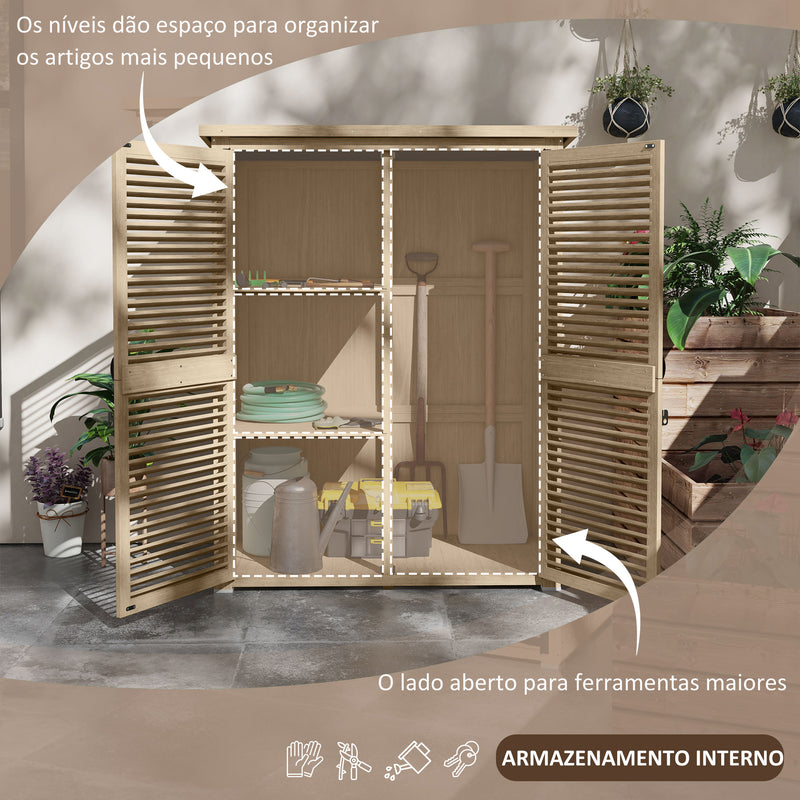 Armário de Jardim de Madeira 0,83 m² 127x65x168 cm Armário Exterior de Madeira com 2 Portas de Persiana 2 Prateleiras 2 Alças e Telhado Impermeável Natural