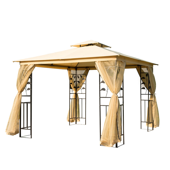Pérgola de Jardim 300x300x265 cm Pérgola de Exterior com Teto Duplo Mosquiteira e Orifícios de Drenagem Bege