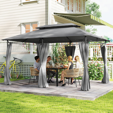Pérgola de Jardim 397x297x265 cm Pérgola de Exterior com Teto Duplo Paredes Laterais Resistente a Água Pérgola para Pátio Cinza Escuro