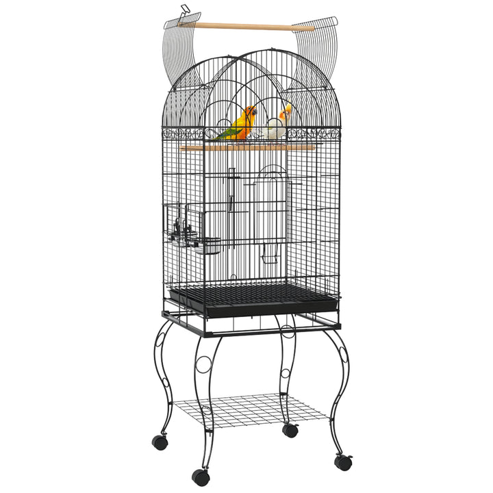 Gaiola para Pássaros com Rodas Gaiola para Pássaros com Bandeja Amovível Prateleira e 2 Comedouros de Aço Inoxidável e Poleiro para Periquitos Canários 51x51x153 cm Preto