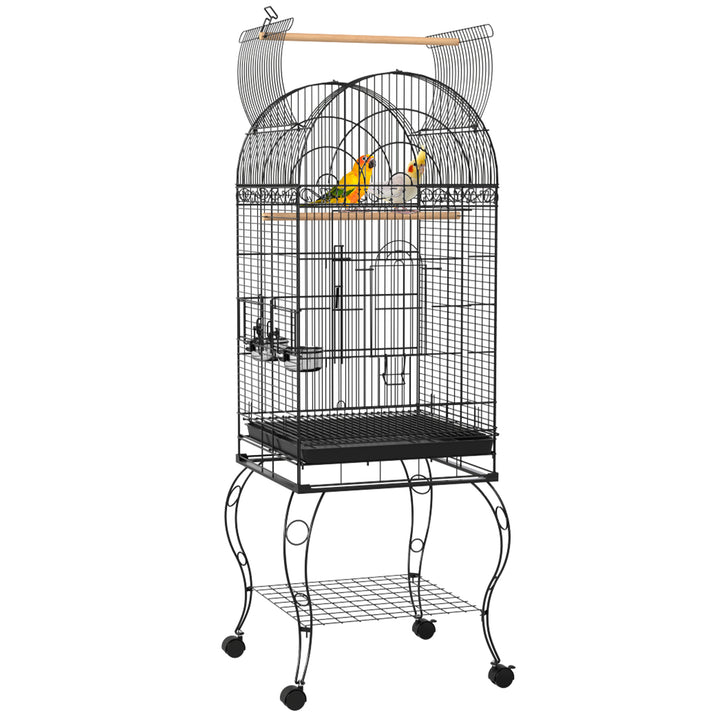 Gaiola para Pássaros com Rodas Gaiola para Pássaros com Bandeja Amovível Prateleira e 2 Comedouros de Aço Inoxidável e Poleiro para Periquitos Canários 51x51x153 cm Preto