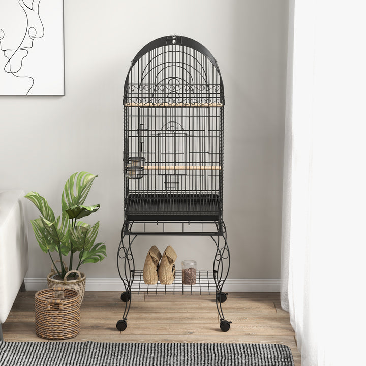 Gaiola para Pássaros com Rodas Gaiola para Pássaros com Bandeja Amovível Prateleira e 2 Comedouros de Aço Inoxidável e Poleiro para Periquitos Canários 51x51x153 cm Preto