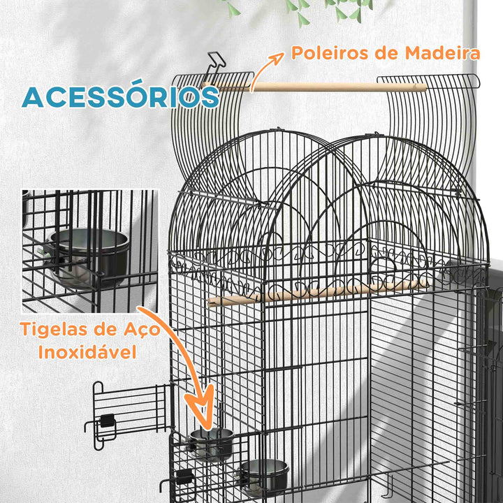 Gaiola para Pássaros com Rodas Gaiola para Pássaros com Bandeja Amovível Prateleira e 2 Comedouros de Aço Inoxidável e Poleiro para Periquitos Canários 51x51x153 cm Preto