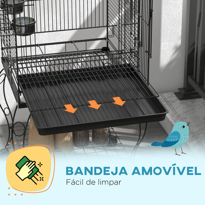 Gaiola para Pássaros com Rodas Gaiola para Pássaros com Bandeja Amovível Prateleira e 2 Comedouros de Aço Inoxidável e Poleiro para Periquitos Canários 51x51x153 cm Preto
