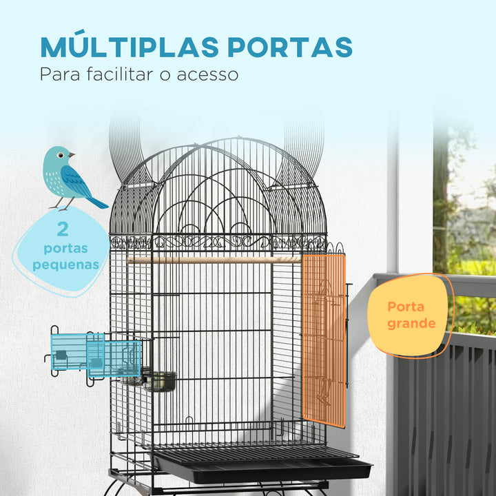 Gaiola para Pássaros com Rodas Gaiola para Pássaros com Bandeja Amovível Prateleira e 2 Comedouros de Aço Inoxidável e Poleiro para Periquitos Canários 51x51x153 cm Preto