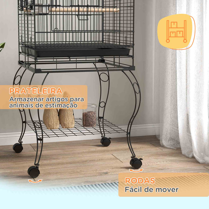 Gaiola para Pássaros com Rodas Gaiola para Pássaros com Bandeja Amovível Prateleira e 2 Comedouros de Aço Inoxidável e Poleiro para Periquitos Canários 51x51x153 cm Preto