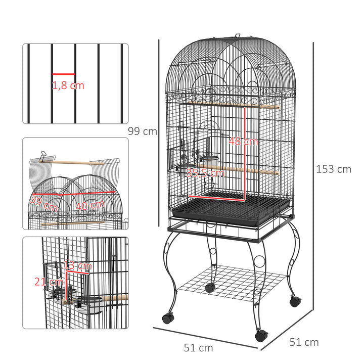Gaiola para Pássaros com Rodas Gaiola para Pássaros com Bandeja Amovível Prateleira e 2 Comedouros de Aço Inoxidável e Poleiro para Periquitos Canários 51x51x153 cm Preto