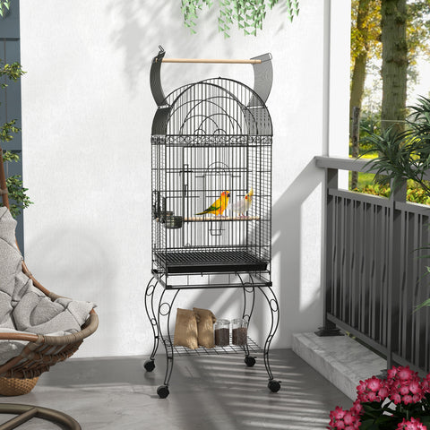 Gaiola para Pássaros com Rodas Gaiola para Pássaros com Bandeja Amovível Prateleira e 2 Comedouros de Aço Inoxidável e Poleiro para Periquitos Canários 51x51x153 cm Preto