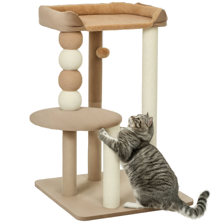 Arranhador para Gatos Altura 86 cm Arranhador para Gatos com Estofado em Borrego Plataformas Bola Suspensa e Poste de Juta Marrom