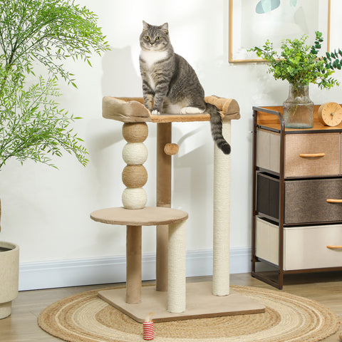 Arranhador para Gatos Altura 86 cm Arranhador para Gatos com Estofado em Borrego Plataformas Bola Suspensa e Poste de Juta Marrom