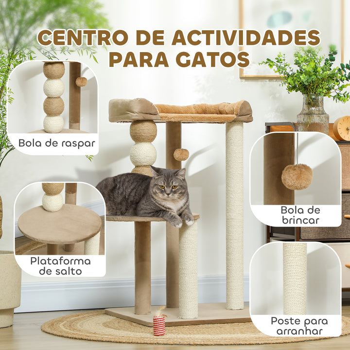 Arranhador para Gatos Altura 86 cm Arranhador para Gatos com Estofado em Borrego Plataformas Bola Suspensa e Poste de Juta Marrom
