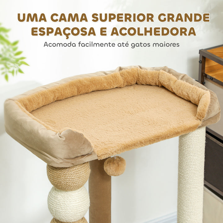 Arranhador para Gatos Altura 86 cm Arranhador para Gatos com Estofado em Borrego Plataformas Bola Suspensa e Poste de Juta Marrom
