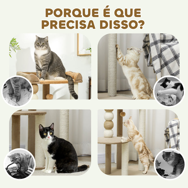 Arranhador para Gatos Altura 86 cm Arranhador para Gatos com Estofado em Borrego Plataformas Bola Suspensa e Poste de Juta Marrom