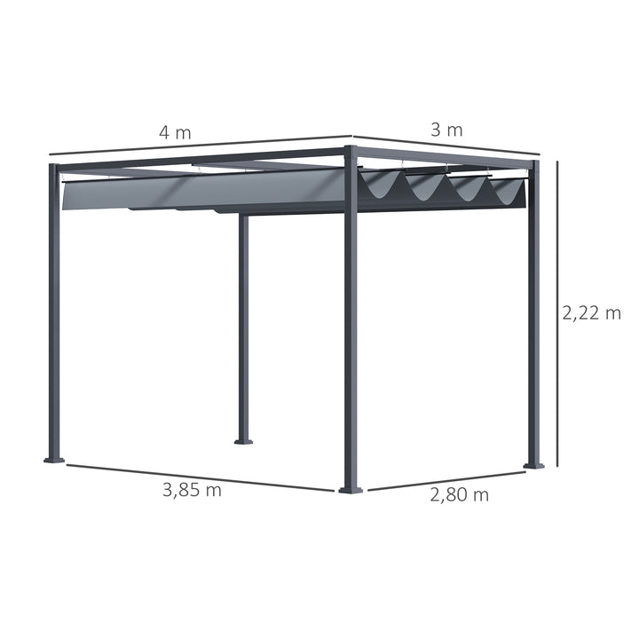 Pérgola 400x300x222 cm Pérgola de Jardim com Teto Retrátil de Poliéster com Revestimento Resistente para Celebrações Festas Casamento Cinza
