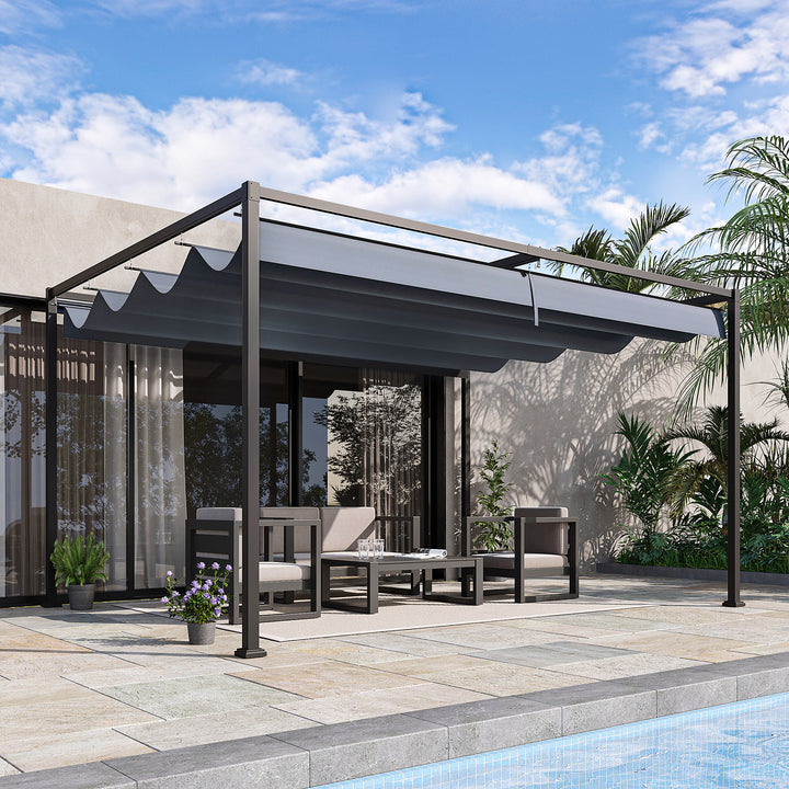 Pérgola 400x300x222 cm Pérgola de Jardim com Teto Retrátil de Poliéster com Revestimento Resistente para Celebrações Festas Casamento Cinza
