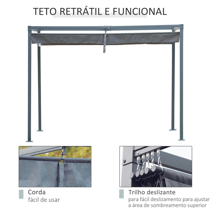 Pérgola 400x300x222 cm Pérgola de Jardim com Teto Retrátil de Poliéster com Revestimento Resistente para Celebrações Festas Casamento Cinza