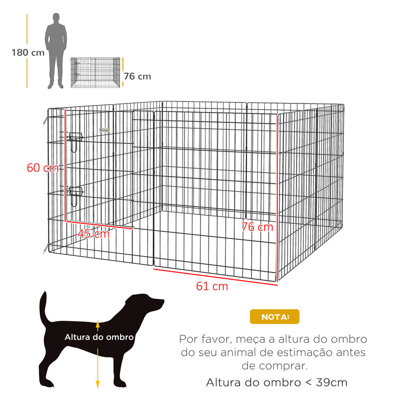 Parque para Cães 8 Painéis 76x61cm Dobráveis Gaiola Metálica para Animais de Estimação com Porta e Dupla Fechadura para Jardim Pátio Exterior Preto