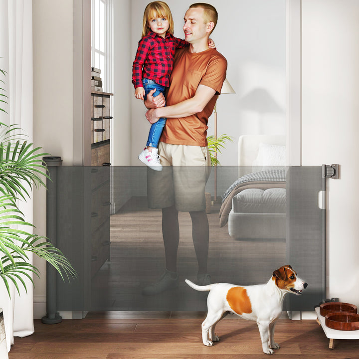 Barreira de Segurança para Cães Retrátil 0-136 cm Barreira para Cães Pequenos Extensível com Botão de Fecho Porta de Segurança para Corredores Escadas Interiores e Exteriores Cinzento