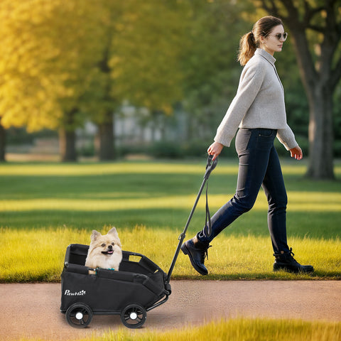 Carrinho para Cães Dobrável Carrinho para Animais de Estimação Carrinho para Cães Miniatura com Barra de Empurre Ajustável Desenho Aberto Almofada Bolsa de Armazenamento e Rodas 53x45x28 cm Preto