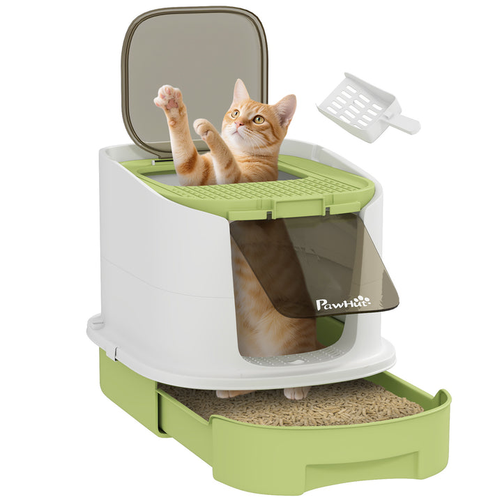 Caixa de Areia para Gatos Fechada Caixa de Areia para Gatos com Entrada Frontal Saída Superior Tampa Amovível Bandeja e Pá 40,5x52,5x42,5 cm Verde