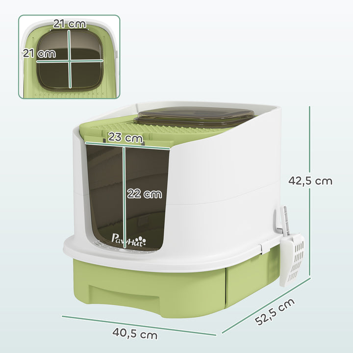 Caixa de Areia para Gatos Fechada Caixa de Areia para Gatos com Entrada Frontal Saída Superior Tampa Amovível Bandeja e Pá 40,5x52,5x42,5 cm Verde