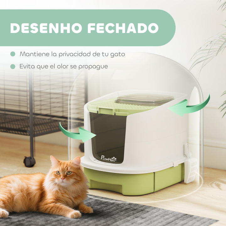 Caixa de Areia para Gatos Fechada Caixa de Areia para Gatos com Entrada Frontal Saída Superior Tampa Amovível Bandeja e Pá 40,5x52,5x42,5 cm Verde