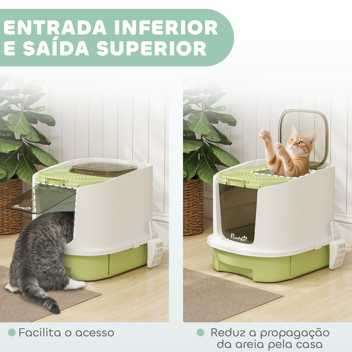 Caixa de Areia para Gatos Fechada Caixa de Areia para Gatos com Entrada Frontal Saída Superior Tampa Amovível Bandeja e Pá 40,5x52,5x42,5 cm Verde