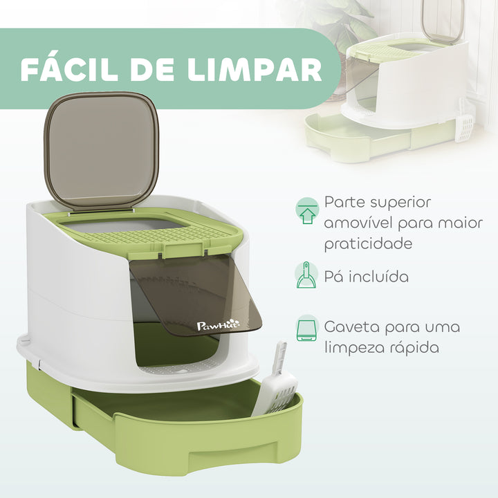 Caixa de Areia para Gatos Fechada Caixa de Areia para Gatos com Entrada Frontal Saída Superior Tampa Amovível Bandeja e Pá 40,5x52,5x42,5 cm Verde