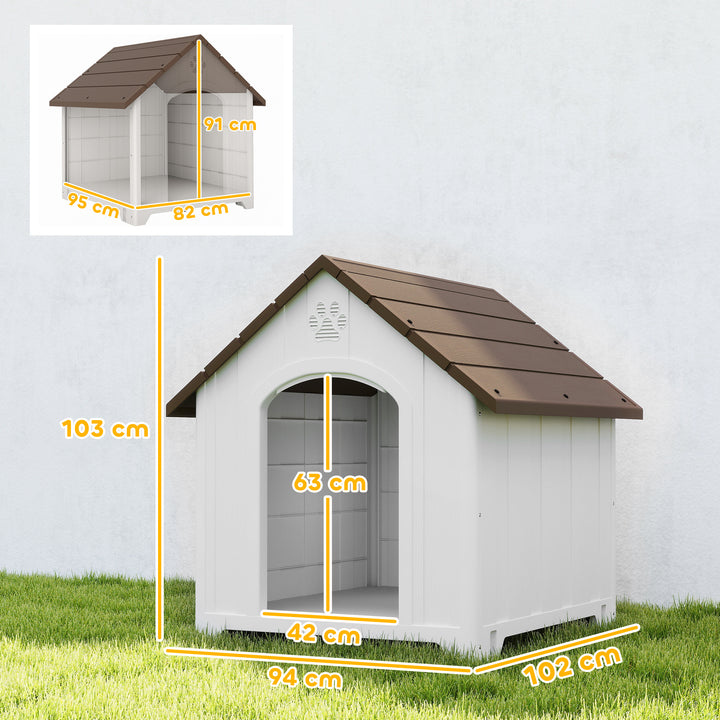 Casota para Cães de Exterior Casota para Cães Extragrandes em Plástico Impermeável com 2 Janelas Base Elevada Estacas Fácil de Montar 102x94x103 cm Castanho Escuro