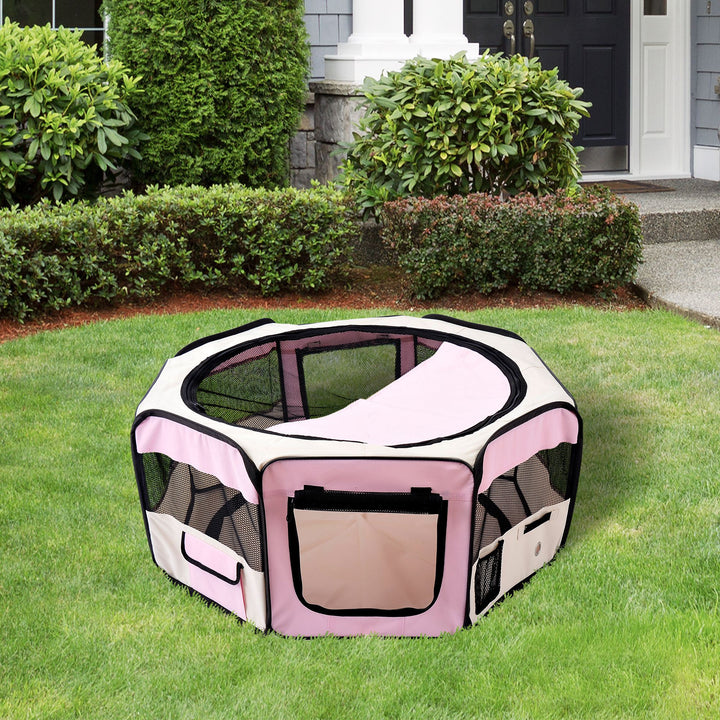 Parque Dobrável para Cães e Gatos Cercado Portátil para Animais Pequenos em Tecido Oxford Impermeável com 2 Portas para Exterior e Interior Ø90x41 cm Rosa